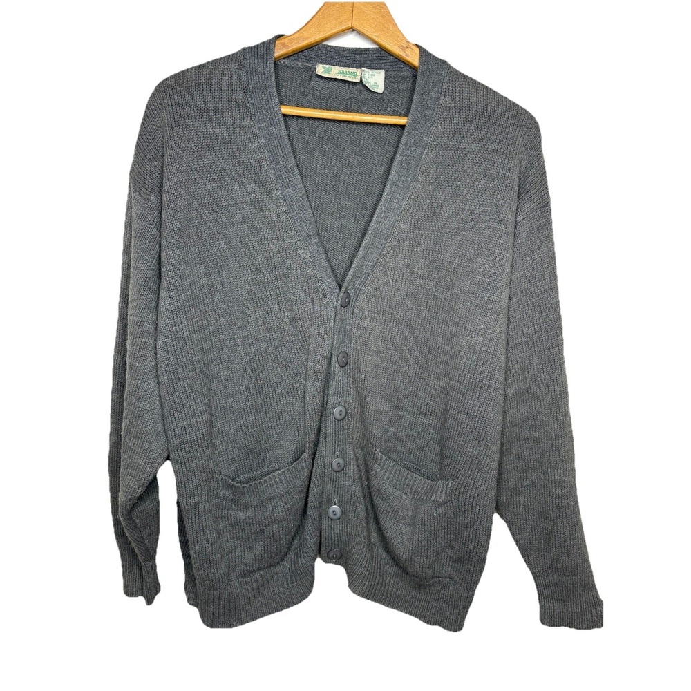Vtg Haband Gray Cardigan Sweater Sz L 100% Acrylic Pockets Grandpa Grunge